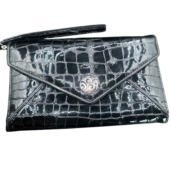 Brighton Shiny Black Croc Embossed Leather Wristlet Wallet Clutch - Picture 4 of 16